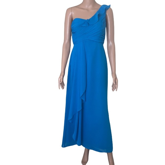 Chiffon cascading one shoulder dress from David’s Bridal in the color blue SZ 2 - Picture 1 of 9